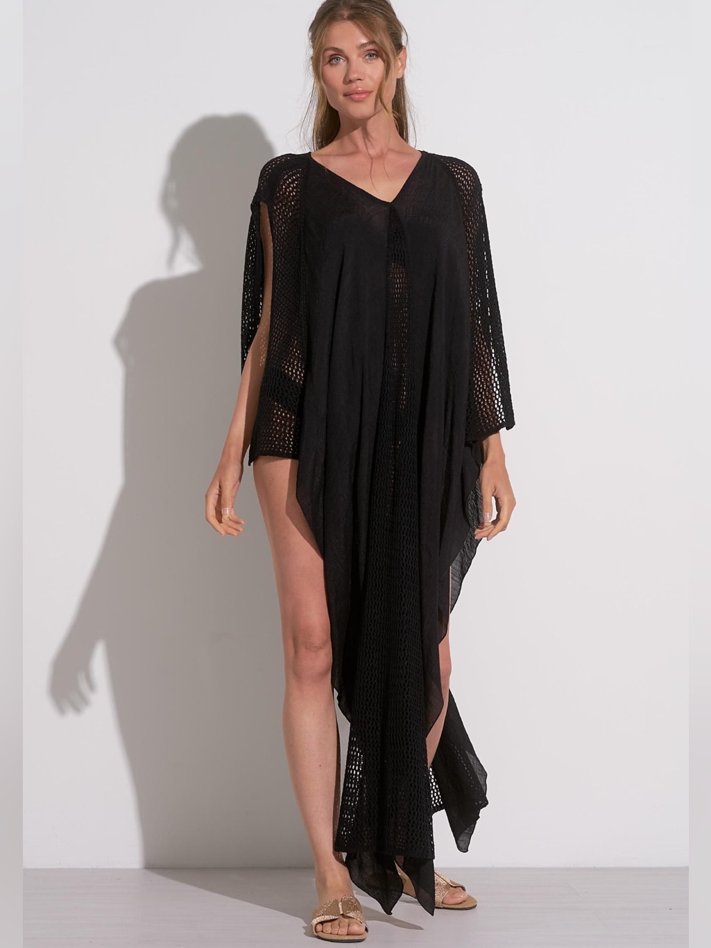 New! Elan Black Sheer Knit V-Neck Swim Cover-Up Kaftan